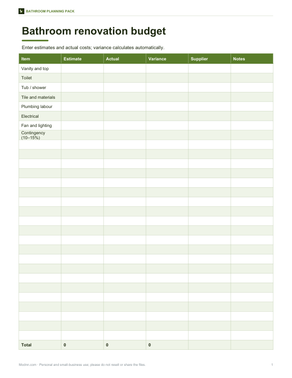 Preview of Printable Bathroom Budget Worksheet